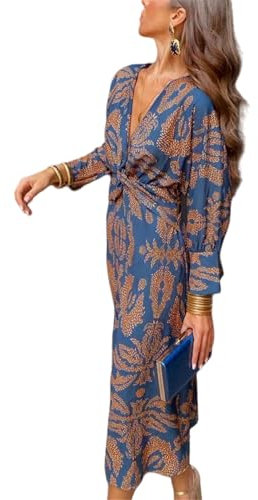 Vestido de mujer de manga larga, estilo bohemio, con estampado floral, escote de pico, para cóctel, playa, maxi, vestido de novia, azul oscuro, M