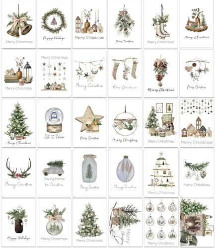 SILARLAIT Weihnachtskarten Set mit unterschiedlichen Motiven auf Englisch, 32 Stück Weihnachtspostkarten, Merry Christmas Card, A6, 350 g/m², Postkarten Set für Weihnachten (Christmas)