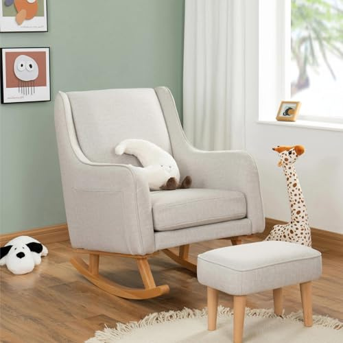 Babymore Ida Nursing Chair with Footstool - Elegant Rocking Chair With Sturdy Wooden Legs, Gentle Rocking Motion, Supportive Armrests, Soft Chic Fabric, Storage Pockets (Cashmere)