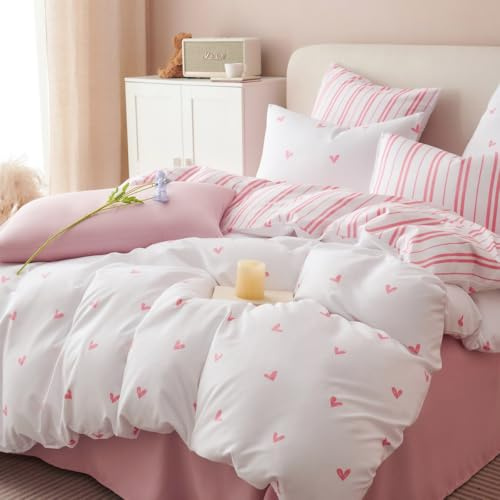 Sedefen Housse de Couette 140x200 cm cœur Rose Rayures Ado Adultes Parure de Lit 1 Personne avec Fermeture Éclair Filles Housse Couette en Microfibre avec 1 Taie d'oreiller 65x65 cm