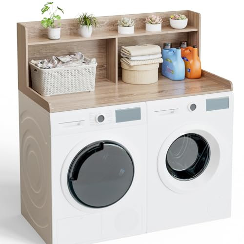 Sareda Washer Dryer Countertop with Shelf 54 W x 27.5 L Laundry countertop for Washer and Dryer with Edge Rails, Oak