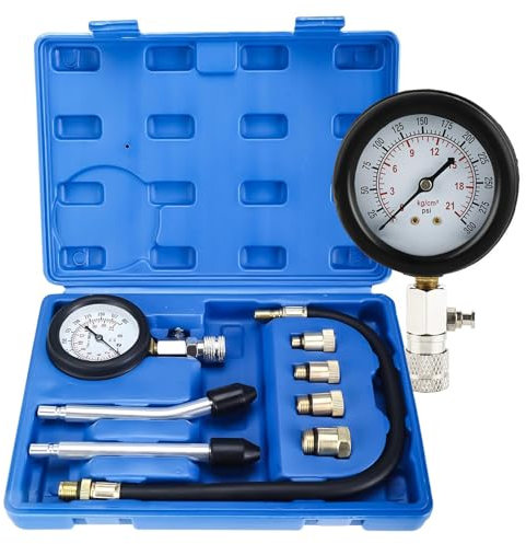 FreeTec 8 tlg Kompressionstester Kompressionsprüfer Kompressionsmesser Benzin mit Zündkerzentester Manometer und 4 Adapter M10 M12 M14 M18 Messen 0-20 bar oder 0-300 psi für KFZ LKW Auto Motorrad