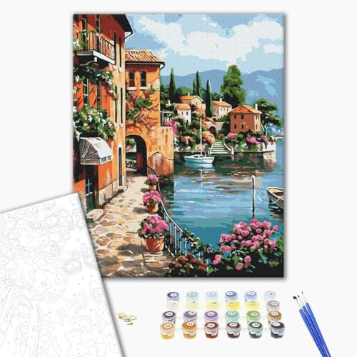 Brushme Peinture Par Numéros – Sous le Soleil de Positano, 40x50 cm, Créez une Peinture Méditerranéenne Apaisante, DIY pour Adultes avec Cadre