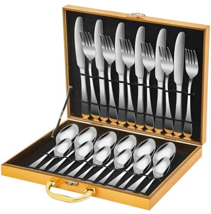 Bestecksets,Besteck Set,24x Besteckset 6 Personen Abendessen Messer Gabel,Edelstahl Besteckset,Stabiles Schloss,Gratfreie Kanten,für Wohnungen, Hütten, beim Camping, in Hotels, Restaurants