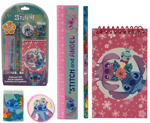 CARTOON Ensemble de papeterie, Disney, Marvel 5 pièces, block notes, crayons, accessoires, idée cadeau (Stitch et Angel)