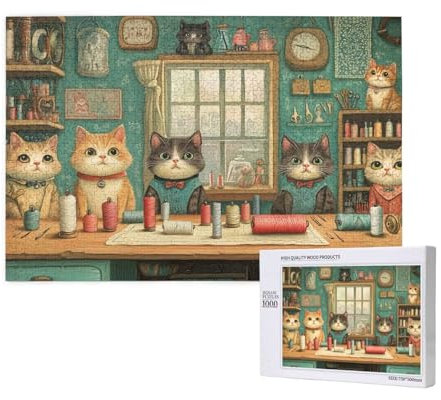 Puzzle Nähmaschine,Puzzle 1000 Teile Katze Holzpuzzle Erwachsene mit Geschenkbox,Schwieriges,Unterhaltsames,Herausforderndes,Geeignet für Anfänger ab 14 Jahren,Geschenke für Männer/Frauen M-273