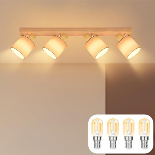 Lichtmaler Deckenleuchte Holz Deckenstrahler 4 Flammig - Deckenspots E14 MAX 25W Vintage Strahler Schwenkbar 350° Rustikal Deckenlampe Spotlight Schlafzimmer Wohnzimmer mit Leuchtmittel