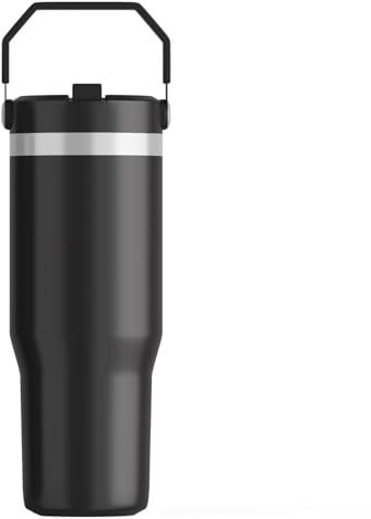 FOLAI Thermobecher Personalisiert,30Oz Auslaufsicher Edelstahl Trinkflasche Sport,Thermosflasche mit Strohhalm und Henkel,Gym Flasche,SpüLmaschinenfest Thermo Kaffeebecher(Schwarz)