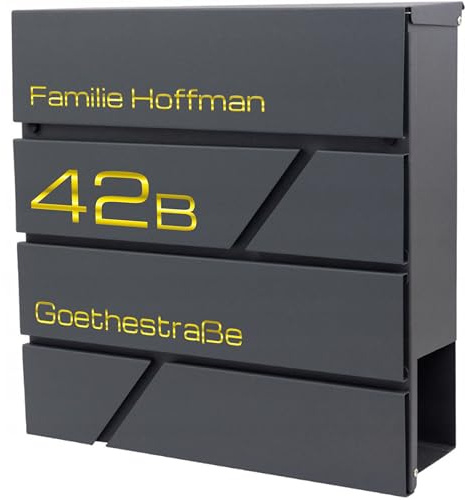 Verda Briefkasten mit Zeitungsfach, 37 x 37 x 11 cm, Anthrazit RAL7016, Silber, 2X Schlüssel, Montagematerial Postkasten großer Einwurf Designer Wandbriefkasten mit Zeitungsrolle (SN3642-1 Gold)