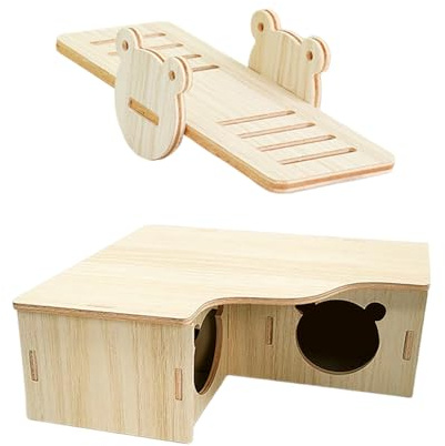 DGHEGDUI 1 Pieza De Casa De Madera De Tres Dormitorios, 1 Pieza De Balancín, Casa De Madera para Mascotas, Accesorios para Juegos De Animales, Lindo Nido para Dormir para Hámsters.