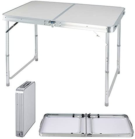Table de Marché Pliante 120cm, Stand Exposition Aluminium Hauteur Réglable 3 Niveaux, Table Camping Robuste 4,3kg, Valise Transportable avec Poignée, Plateau MDF pour Brocante et Buffet Fête, Blanc