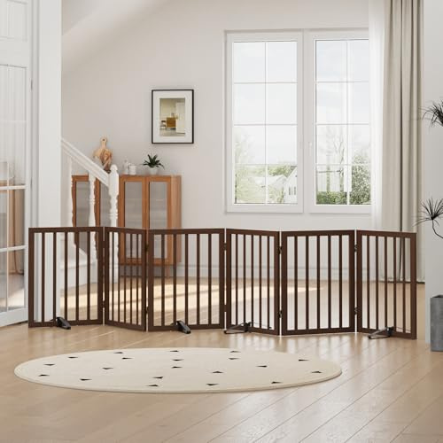Freestanding Dog Gates for Doorways, Foldable Dog Gate Indoor, Pet Gates for Doorways Bedroom, Puppy Gate with Metal Support Feet 6 Panels (Rustic tan)