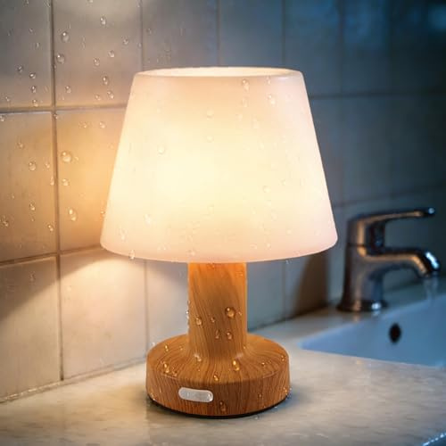 Asslye Shower Lamp Waterproof Cordless Table Lamp 3-Color Dimmable Light, Battery Operated Lamp Desk Night Lamp for Outdoor, Kitchen, Bathroom, Camping, Patio