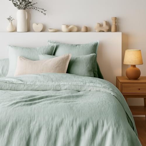 Tendance Perso - Parure de Couette 100% Pur Lin Lavé Vert de Gris – Housse de Couette 240x220 cm + 2 Taies 63x63 cm – Literie en Lin Respirant, Doux et Durable