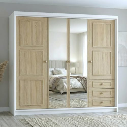 A&J MöbelLand Oslo Kleiderschrank 4-türig mit 3 Schubladen – 200 x 215 cm – Drehtürenschrank mit Kleiderstange und Einlegeböden, Modernes Design mit Metallgriffen