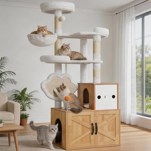 Heybly Kratzbaum mit Katzentoilette Versteck,Nussbaum HCT105WB | 162 cm Katzenbaum für Wohnungskatzen, moderner Katzenkratzbaum aus Holz mit Katzenhaus, Liegeflächen, Kratzbrett, Spielzeug