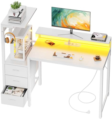 HLONONE Schreibtisch mit Schubladen, Gaming Tisch mit LED & 2 Steckdosen & 3 USB-Anschlüssen, Reversibel Computertisch mit Regal und Monitorständer, 112 x 50 cm PC Tisch mit Haken für Heimbüro, Weiß