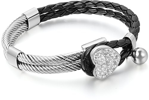 JewelryWe Schmuck Damen Armband, Herz Charm Geflochten Armreif, Leder Echtleder Edelstahl, Schwarz Silber