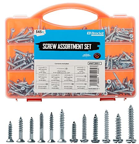 Brackit 545 Piece Self Tapping Screws Assortment Set – Secure Wood Screw Fastenings Kit – Assorted Sizes – For Repair, Maintenance & Assembly (545 Piece)
