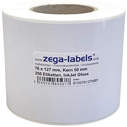 Inkjet Etiketten auf Rolle - 76 x 127 mm - 250 Stück je Rolle - Kern: 50 mm - Papier weiss glänzend - aussen gewickelt - permanent haftend - Druckverfahren: Ink Jet (Rollen Tintenstrahl Drucker)