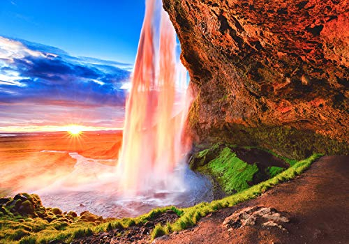 wandmotiv24 Fototapete Sonnenuntergang mit Wasserfall, S 200 x 140cm - 4 Teile, Wanddeko, Wandbild, Wandtapete, Himmel, Wolken, Felsen M5767