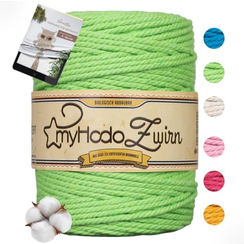 myHodo Premium Makramee Garn Grün – Hergestellt aus OEKO-TEX Baumwolle – 100% Plastikfreie Verpackung - Gratis E-Book Anleitung – Macrame Cord für Dekorationen und Wandbehänge (3mm x 100m)