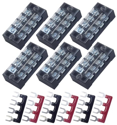 CEEYSEE Schraubklemmenleiste, 6 Stück 4 Positionen zweireihig abgedeckte Schraubklemme 600V 25A + 6 Stück 4 Positionen vorisoliert schwarz/rot Gabelklemmleiste 400V 25A (DTB2504)