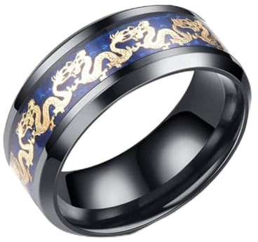 BlackAmazement 316 Edelstahl Carbon Ring Drache Lucky Dragon 8mm Gold blau schwarz Damen Herren
