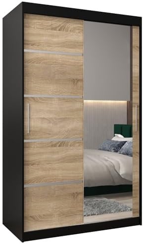 MEBLE KRYSPOL Kleiderschrank mit Spiegel Verona 2 - Garderobenschrank - Schrank Schlafzimmer - Mehrzweckschrank Zwei Schiebetüren - Regalen - Flur Möbel - Kleiderstange Schrank - Allzweckschrank