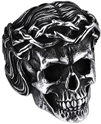 FaithHeart Edelstahlring für Herren Männer Totenkopf mit Dornenkrone Ring Punk Krone Dorn Fingerring in Größe 57 Biker Bandring mit Geschenkebox für Paar Pärchen