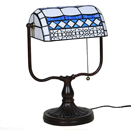 AIBOTY 10-Zoll-Schirm Kleine Tischlampe Vintage Tiffany-Stil Rot Blau Glasmalerei Bankerlampe, Schlafzimmer-Nachtleselampe mit Zugschnurschalter,Blau