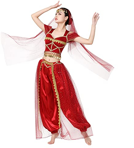 FYMNSI Prinzessin Jasmin Kostüm Erwachsene Bauchtanz Kostüm Damen Aladdin Cosplay Pailletten Crop Top Hose Kopfschmuck Outfit für Fasching Arabische Nächte Karneval Geburtstag Party Verkleidung Rot M