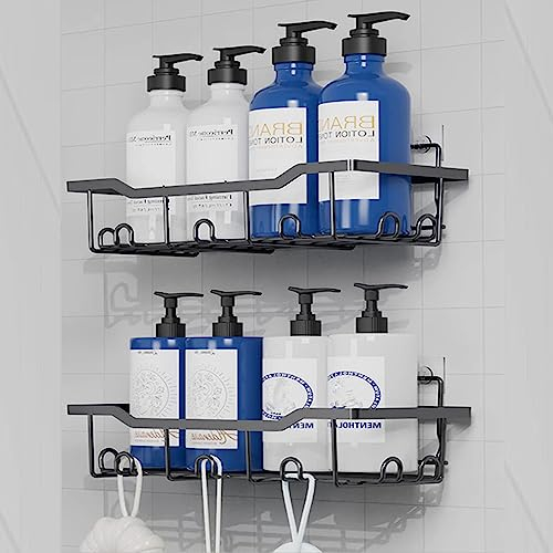 Nestling® Shower Caddy Shelf Organiser, 2 Pack Self Adhesive Shower Shelves, Rustproof Bathroom Storage Organiser, Black Shower Organizer with 7 Hooks, Shower Rack for Shampoo and Shower Gel