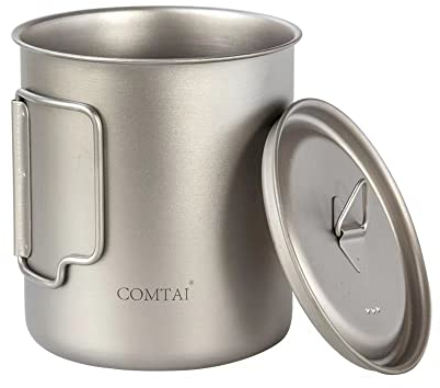COMTAI Titan-Topf, 750 ml, Becher mit Deckel und faltbarem Griff, Titan-Tasse, Backpacking-Kochgeschirr für Outdoor, Wandern, Camping, Kochen