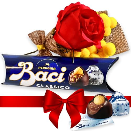 NARAMAKI® Idea Regalo Maestre - 37,5g Cioccolatini Baci Perugina + Rosa Rossa Artificiale + Bouquet di Mimosa Avvolto da Juta | Regalo Amica|8 Marzo