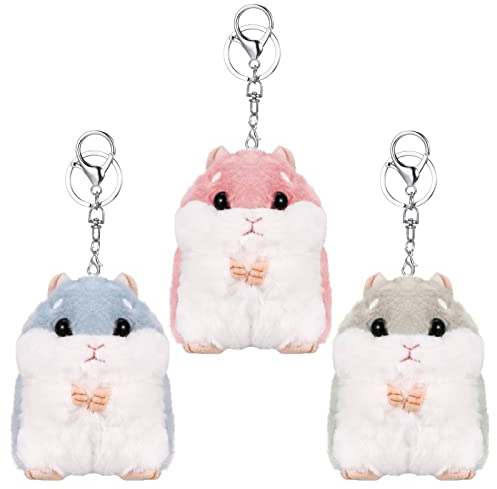 Smilcloud 3 Stück Hamster Schlüsselanhänger, Schlüsselanhänger mit Hamster-Schlüsselanhänger, Süßer Weicher Plüsch-Schlüsselanhänger, Tasche Anhänger, Tier-Schlüsselanhänger (Blau/Rosa/Grau)