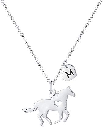 TINGN Pferde Mädchen Geschenke, Pferde Kette Herz Buchstaben Edelstahl Kette mit Buchstaben M Personalisierte Geschenk für Teenager Mädchen Pferdeliebhaber Geschenke für Schwester Tochter Schmuck