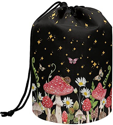 chaqlin Mushroom Theme Travel Cosmetic Bags Barrel Makeup Bag,Women Girls Portable Foldable Cases Multifunctional Toiletry Bucket Bags Round Organizer Storage Pocket