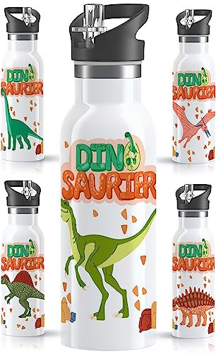 OWLBOOK® Dino Edelstahl Trinkflasche Kinder | Wasserflasche mit Strohhalm | 600 ml | Sportdeckel | Spülmaschinenfest | Schule Schulanfang Geschenke Einschulung Junge | Dinosaurier Velociraptor