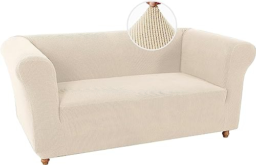 LINGKY Stretch Chesterfield Sofabezug 2 Sitzer Sofahusse mit Armlehne Spandex Jacquard Sofa Überwürfe rutschfest Sofa Überzug Waschbare Sofabezug für Haustiere (Natürlich,2 Sitzer)
