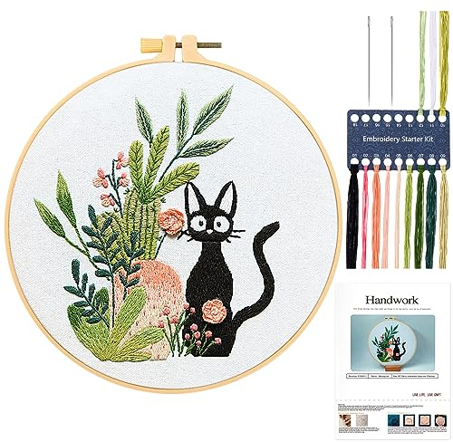 JSRQT Kit de Démarrage Broderie pour Chat avec Feuille et Cactus Motif, Kit de Point de Croix Artisanal avec Chat Mignon pour Débutant Femmes Home Deco