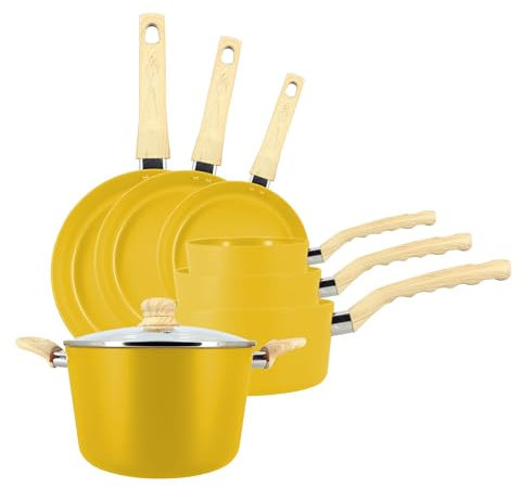 MENASTYL - Set de 7 pièces Colorama safran - Poêles/Casseroles/Faitout - En aluminium - Revêtement antiadhésif en céramique - Tous feux dont induction