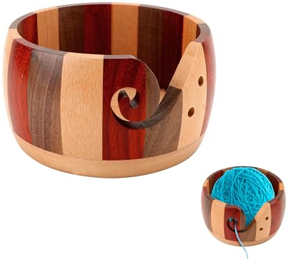 YKUKIZEE Wooden Yarn Bowl Round, Yarn Storage Bowl, Handmade Crochet Yarn Holder Bowl with Carved Holes for Crochet Knitting DIY Crafts - 15 x 15 x 8 cm