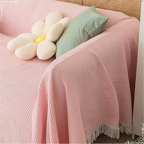 Bezug Sofa 130x180cm, Waffelmuster mit Quasten Sofa Überzug 1 Sitzer Sofaüberwurf Kratzfest Rosa Sofa Überzug für Wohnlandschaft