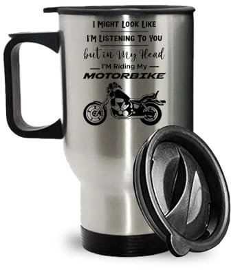 Crunchy Carrots Motorbike Mug - In My Head I'm Riding My Motorbike 14 oz Stainless Steel Insulated Travel Mug (Silver)