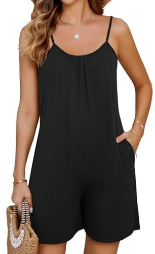 Niwicee Women Casual Jumpsuits Summer V-neck Sleeveless Romper Loose Wide Leg Shorts Overall Shoulder Strap Adjustable Playsuit with Pockets(Black,XL)