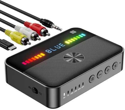 MOREGAX M13 RGB Bluetooth 5.3 Ricevitore Audio Trasmettitore, Adattatore Audio Bluetooth per Vecchia Casa Stereo / Altoparlanti TV con Display, USB, RCA, 3.5mm AUX, DAC, coassiale, ottico