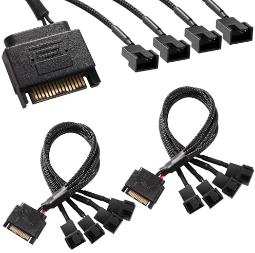 KUOQIY 2 PCS Fan Splitter Adapter Power Cable, 15 Pin to 4 x 3 Pin / 4 Pin PMW 12V PC Case Fan Power Adapter Cable, Cooler Cooling Fan Power Cable