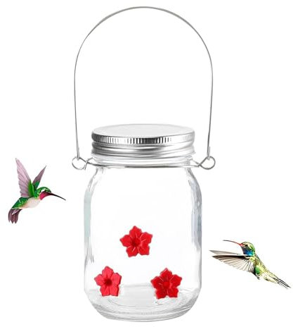 Mason Jar Hummingbird Feeder - Small Top Fill Mason Jar with Flower Ports - Wide Opening for Easy Cleaning, Garden Yard Outdoors Decoration