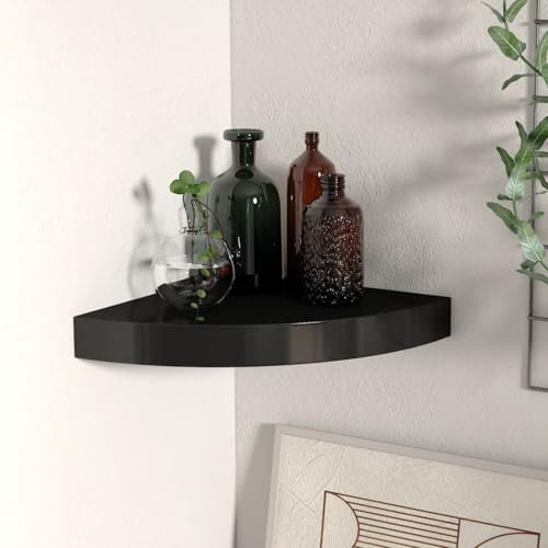Homgoday Schwebendes Eckregal, MDF, schwarz, 25 x 25 x 3,8 cm, schwimmend, Wand-Eckregal, Holz, für Schlafzimmer, Badezimmer, Küche, Büro, Zimmerdekoration